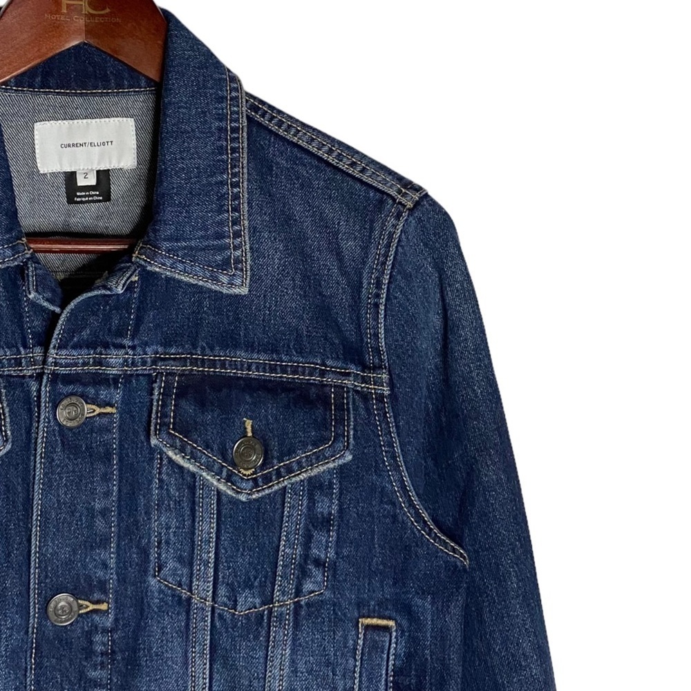 Current/Elliott Baby Trucker Jacket Denim Distressed Dark Blue Wash Cropped 2 - Picture 7 of 16